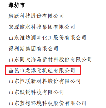 昌邑市龍港無機硅有限公司被認定為山東省技術創(chuàng)新示范企業(yè)