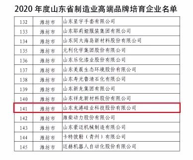 龍港硅業(yè)成功入選“山東省制造業(yè)高端品牌培育企業(yè)”！